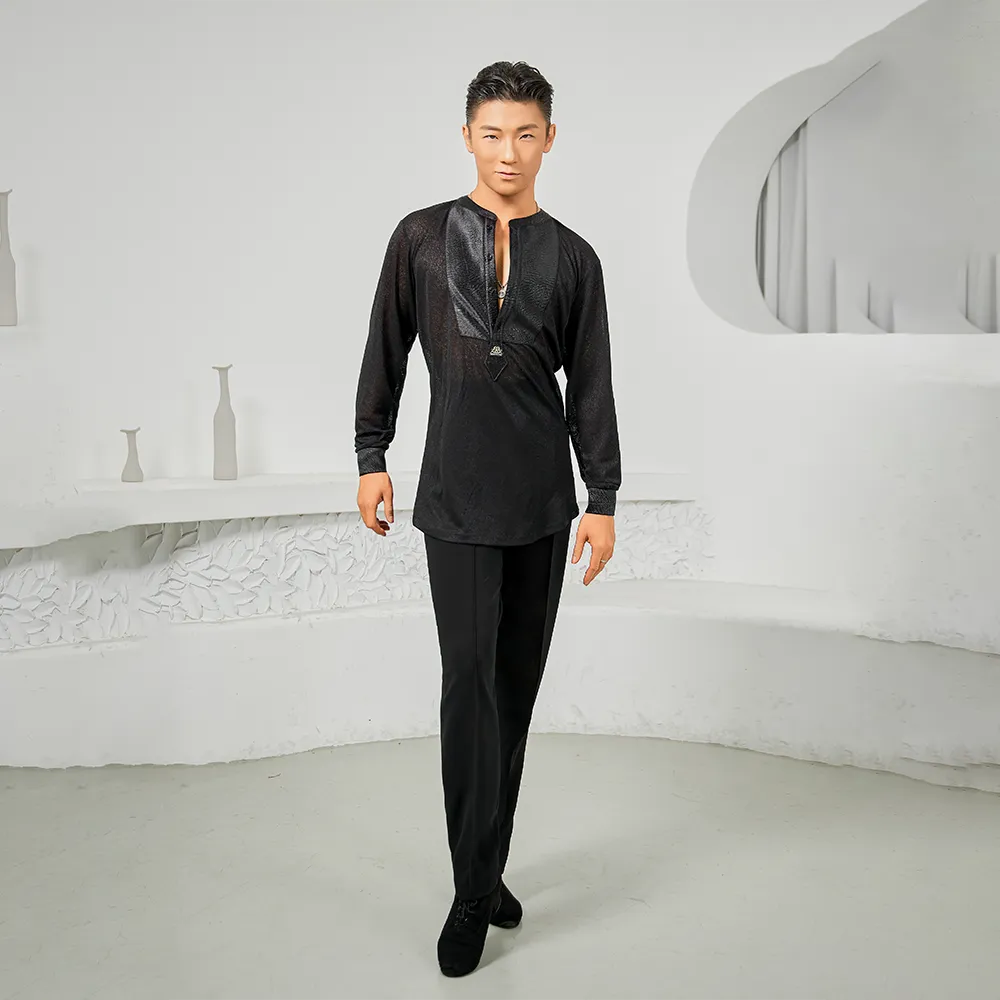 NY707 Men’s Panel Splice Long‑Sleeve Latin Dance Top